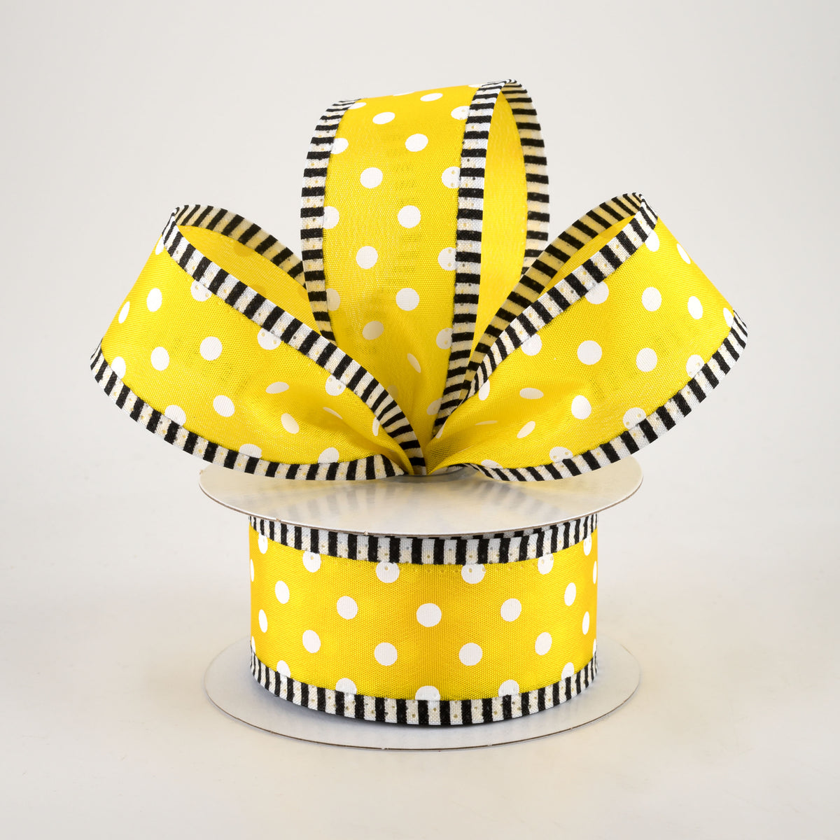 1.5" Thin Stripe Edge Polka Dot Ribbon: Yellow & White (10 Yards) Lifestyle Photo