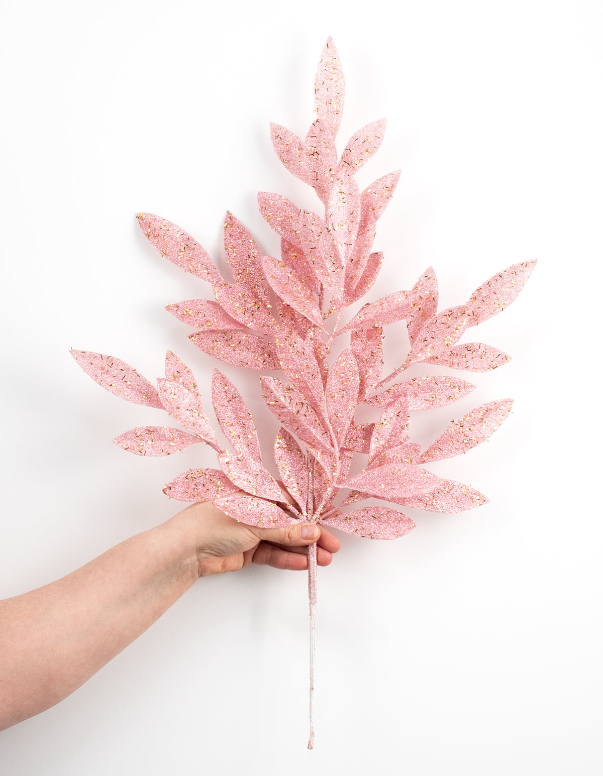 23" Tinsel Glitter Bay Leaf Spray: Light Pink detail photo 3