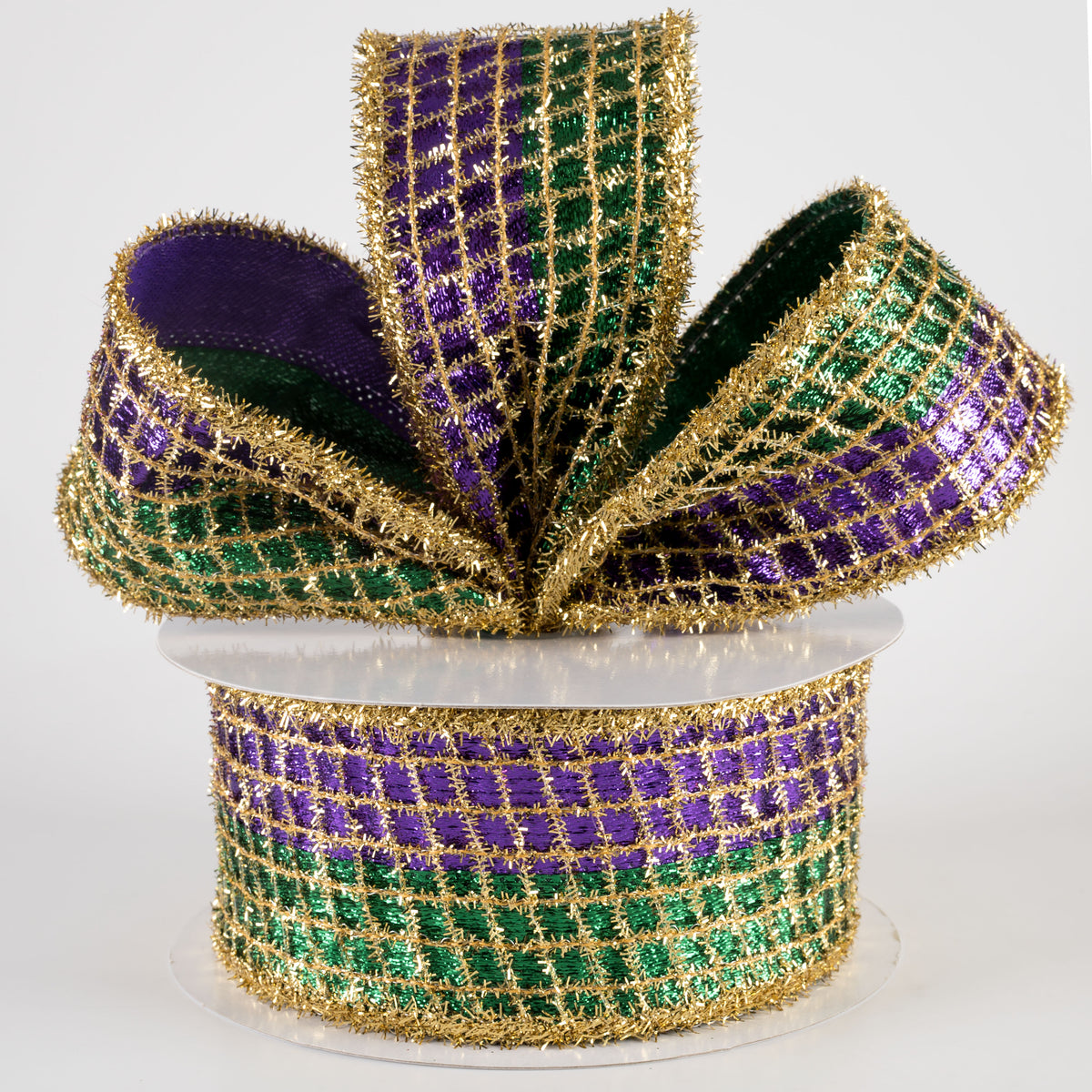 2.5" Tinsel Mesh on Metallic Ribbon: Purple, Green, Gold (10 Yards) Lifestyle Photo