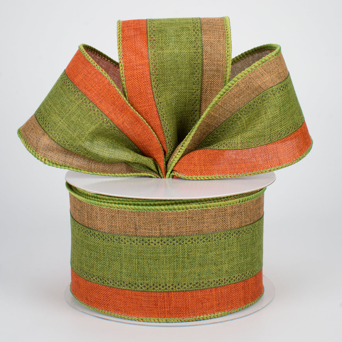 2.5" Tricolor Striped Ribbon: Brown, Rust, Moss (10 Yards) Lifestyle Photo