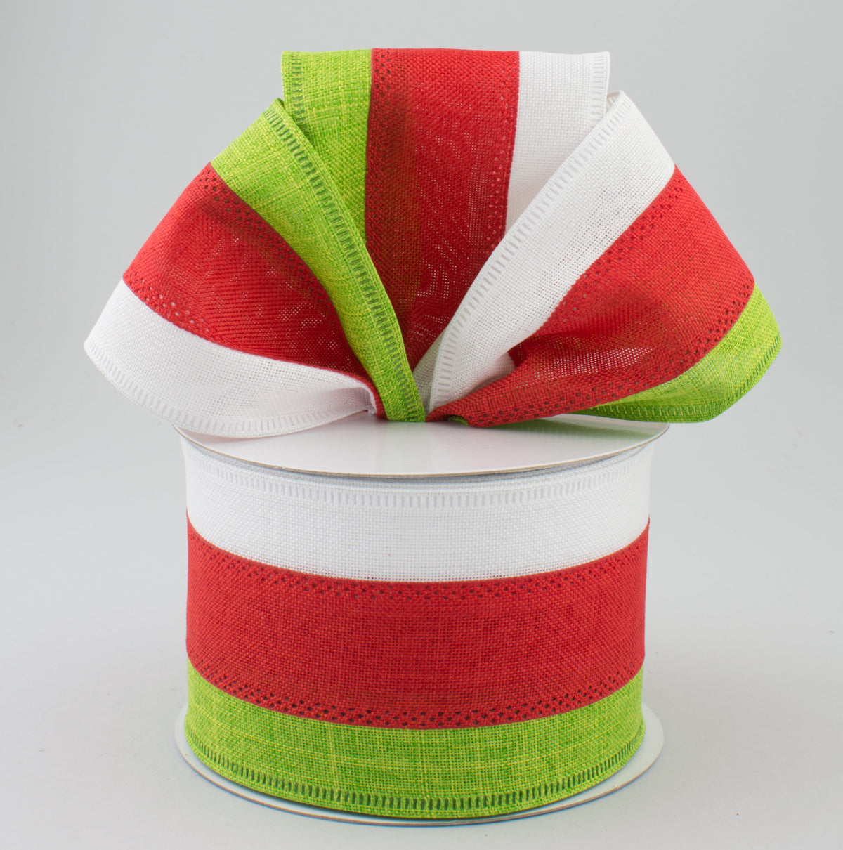 2.5" Tricolor Striped Ribbon: Lime, Red, White (10 Yards) Lifestyle Photo