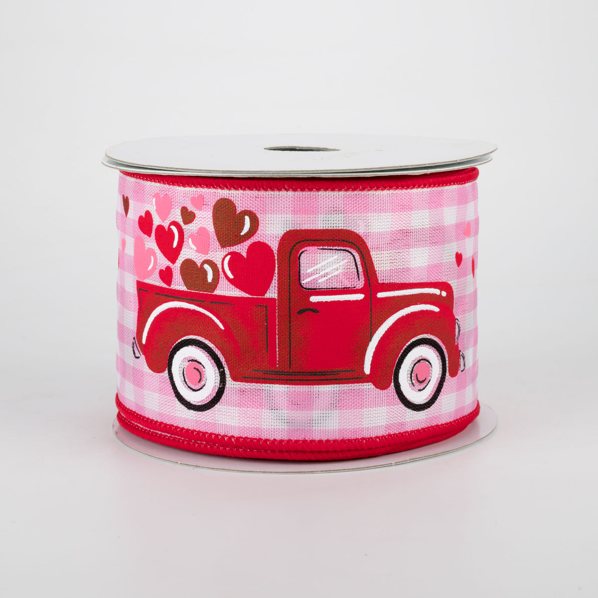 2.5" Truck With Hearts Gingham Check Ribbon: Light Pink (10 Yards)