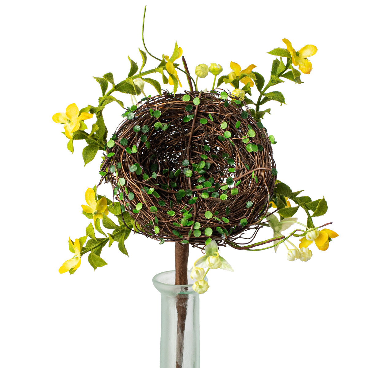 10" Twig Nest with Flowers Pick: Yellow Item Number: 210437