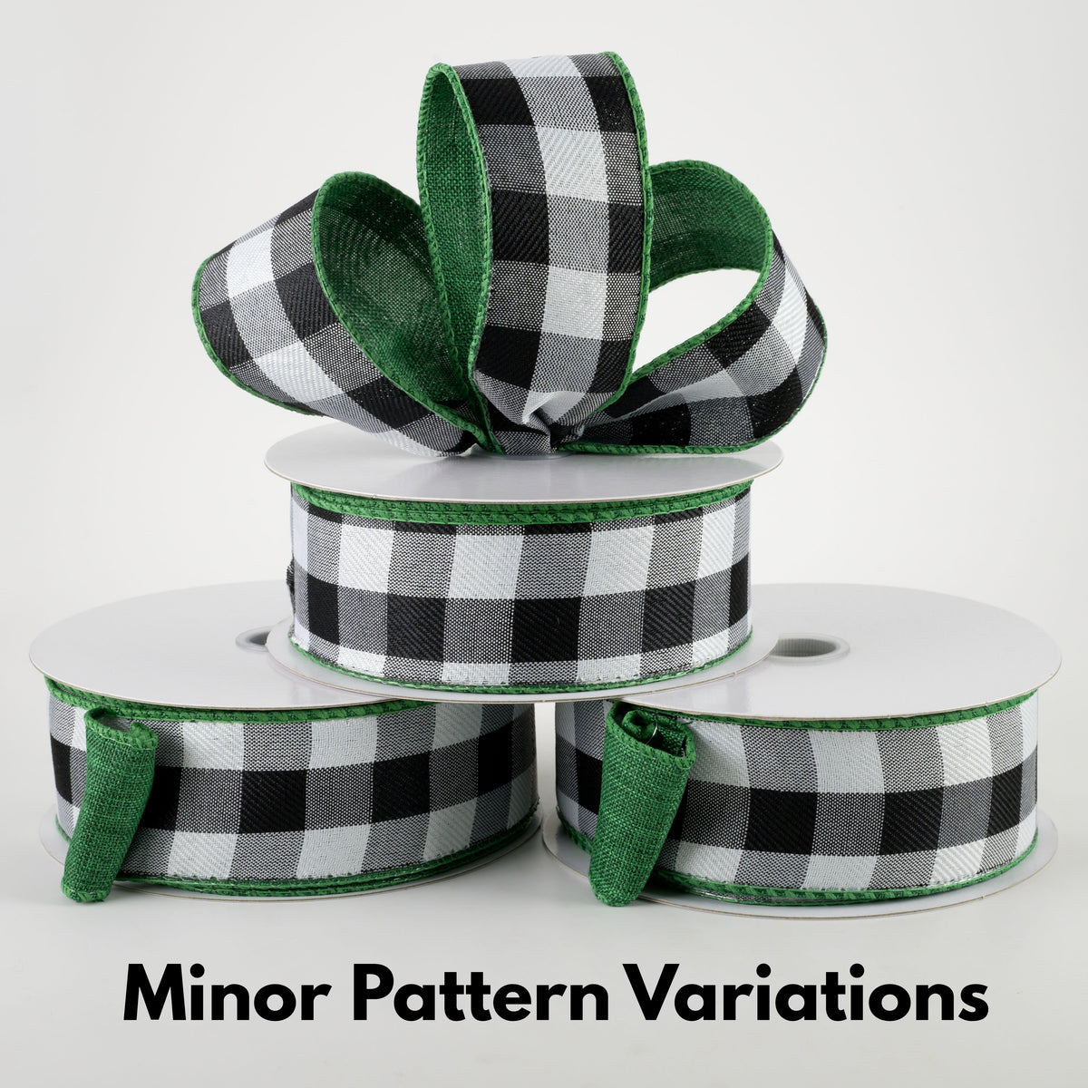1.5" Two Sided Buffalo Plaid & Linen Ribbon: Black, White, Emerald Green (10 Yards) Lifestyle Photo