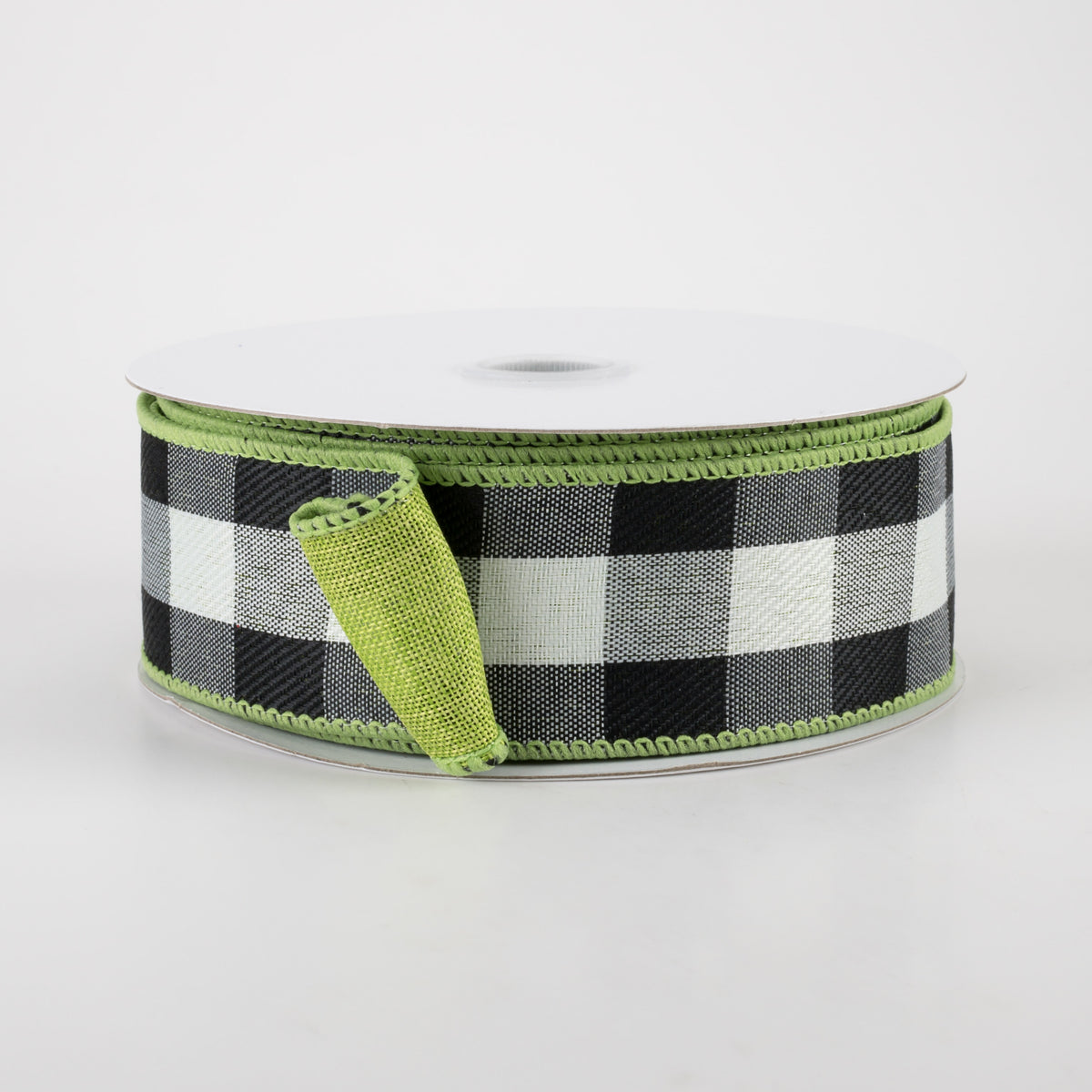 1.5" Two Sided Buffalo Plaid & Linen Ribbon: Black, White, Lime Green (10 Yards) Item Number: 41148-09-09