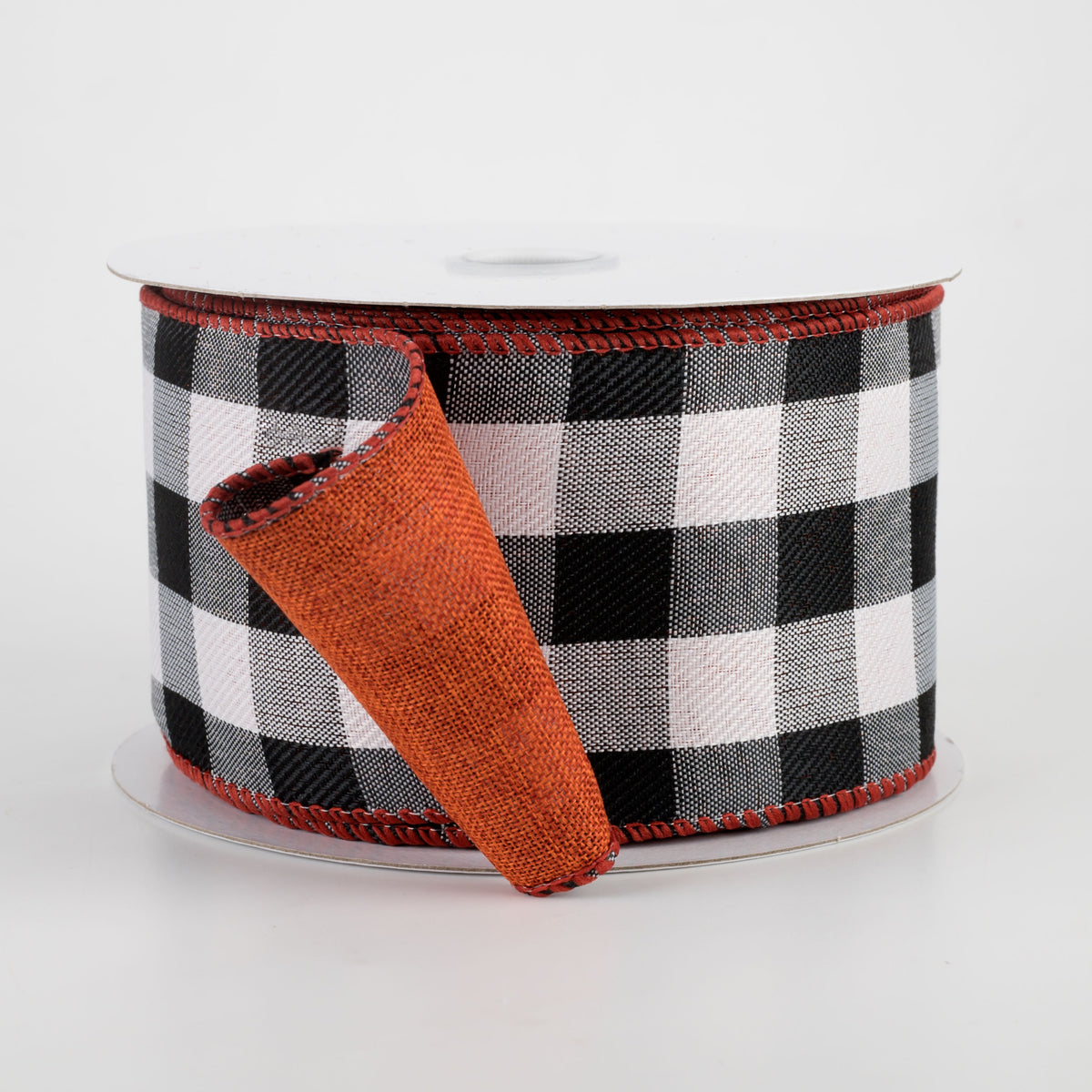 2.5" Two Sided Buffalo Plaid & Linen Ribbon: Black, White, Rust (10 Yards)