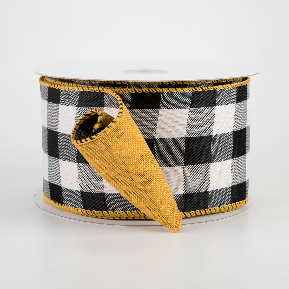 2.5" Two Sided Buffalo Plaid & Linen Ribbon: Black, White, Sunflower Yellow (10 Yards)