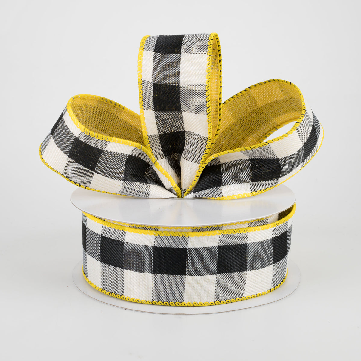 1.5" Two Sided Buffalo Plaid & Linen Ribbon: Black, White, Yellow (10 Yards) Lifestyle Photo