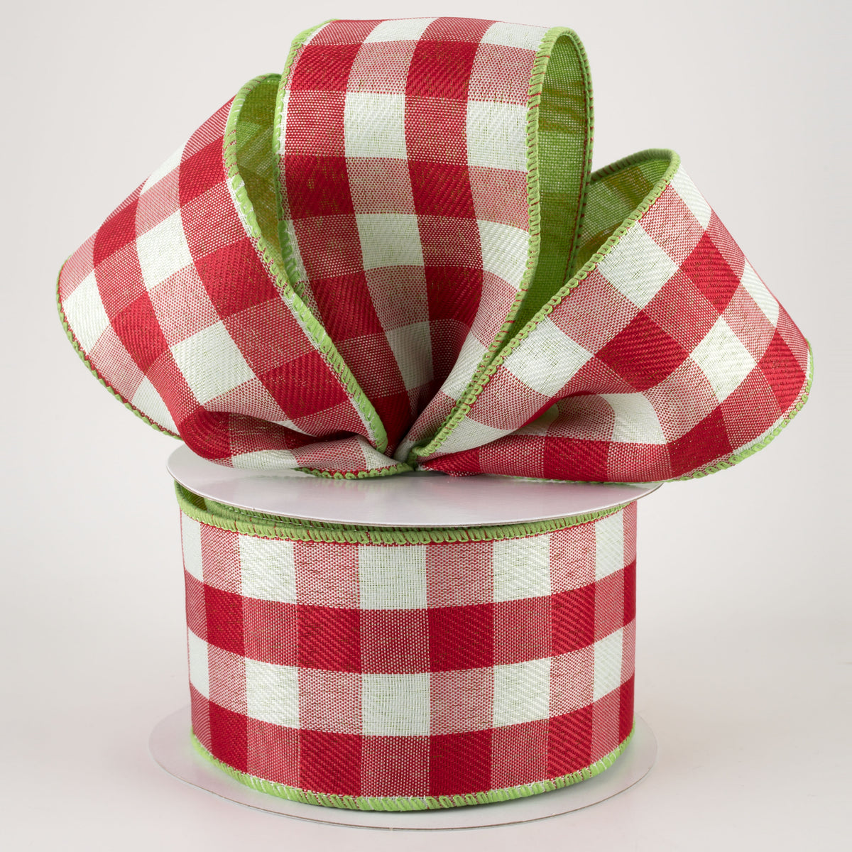 2.5" Two Sided Buffalo Plaid & Linen Ribbon: Red, White & Lime (10 Yards) Lifestyle Photo