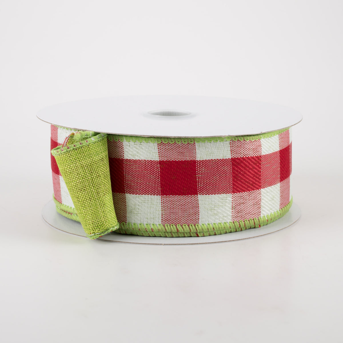 1.5" Two Sided Buffalo Plaid & Linen Ribbon: Red, White & Lime (10 Yards)