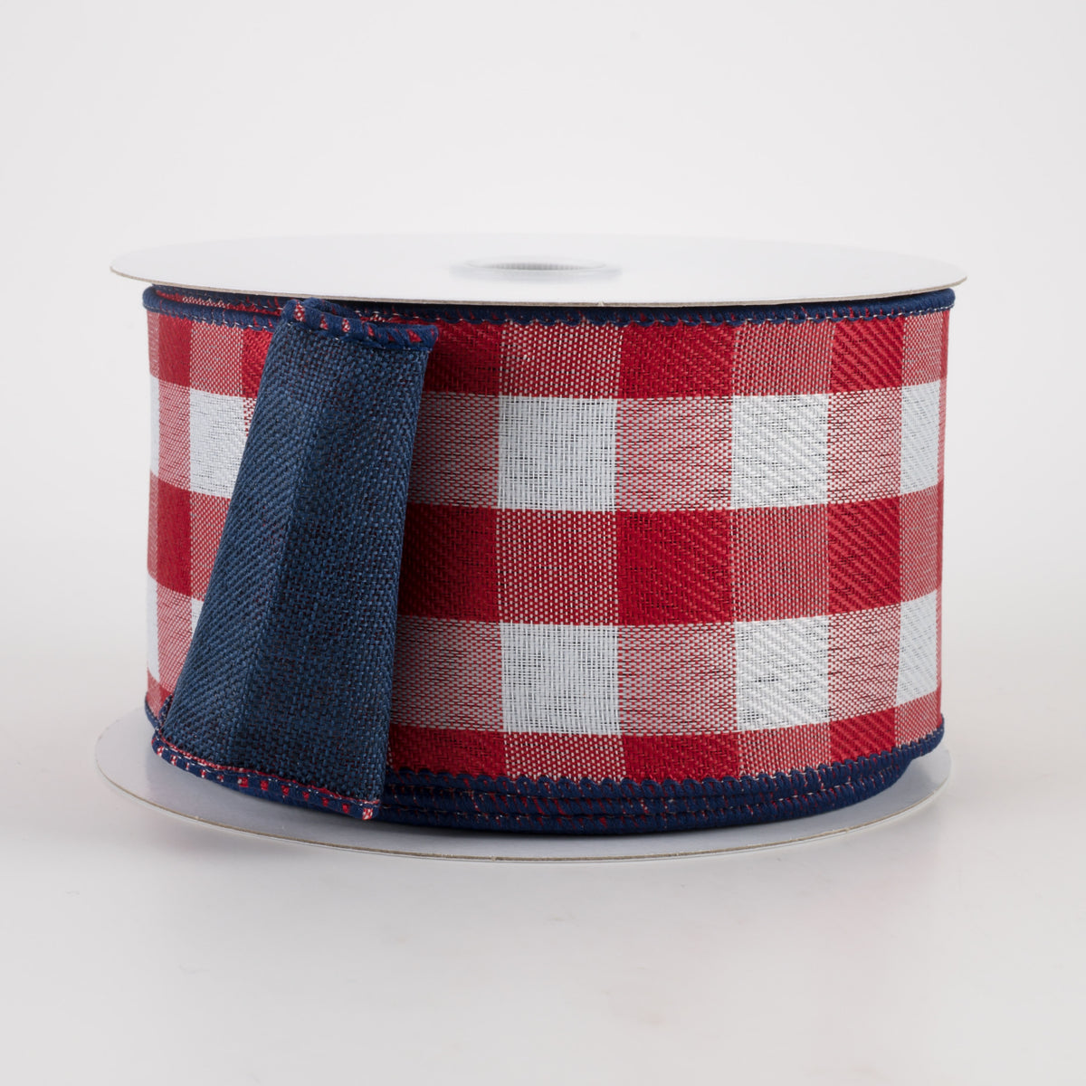 2.5" Two Sided Buffalo Plaid & Linen Ribbon: Red, White & Navy (10 Yards) Item Number: 41146-40-74