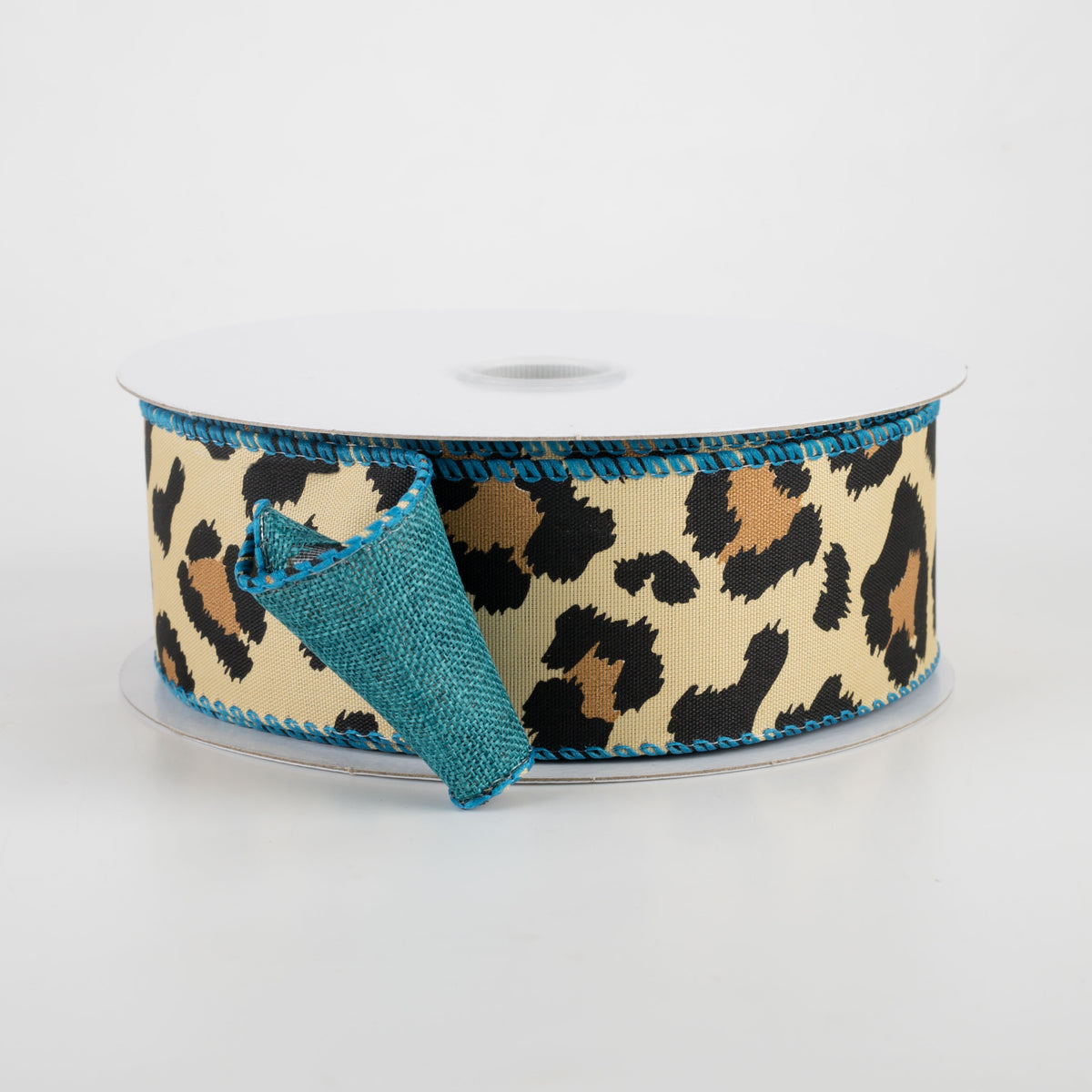 1.5" Two Sided Cheetah Print & Linen Ribbon: Teal (10 Yards)