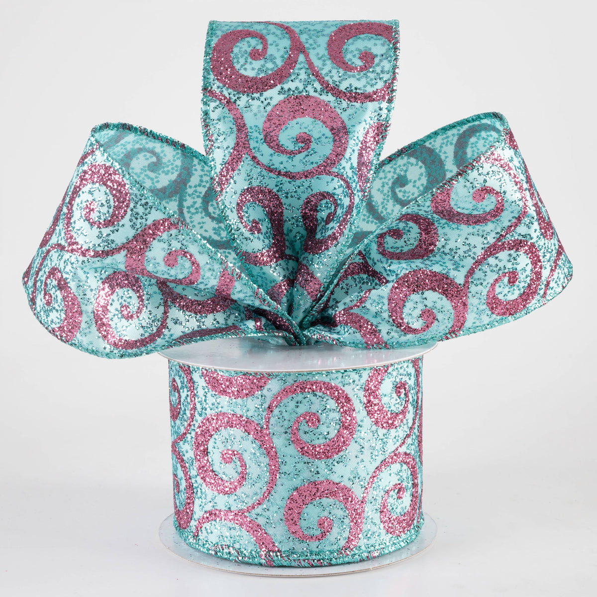 2.5" Ultra Glitter Swirls Ribbon: Pink on Aqua Teal Blue (10 Yards) Lifestyle Photo