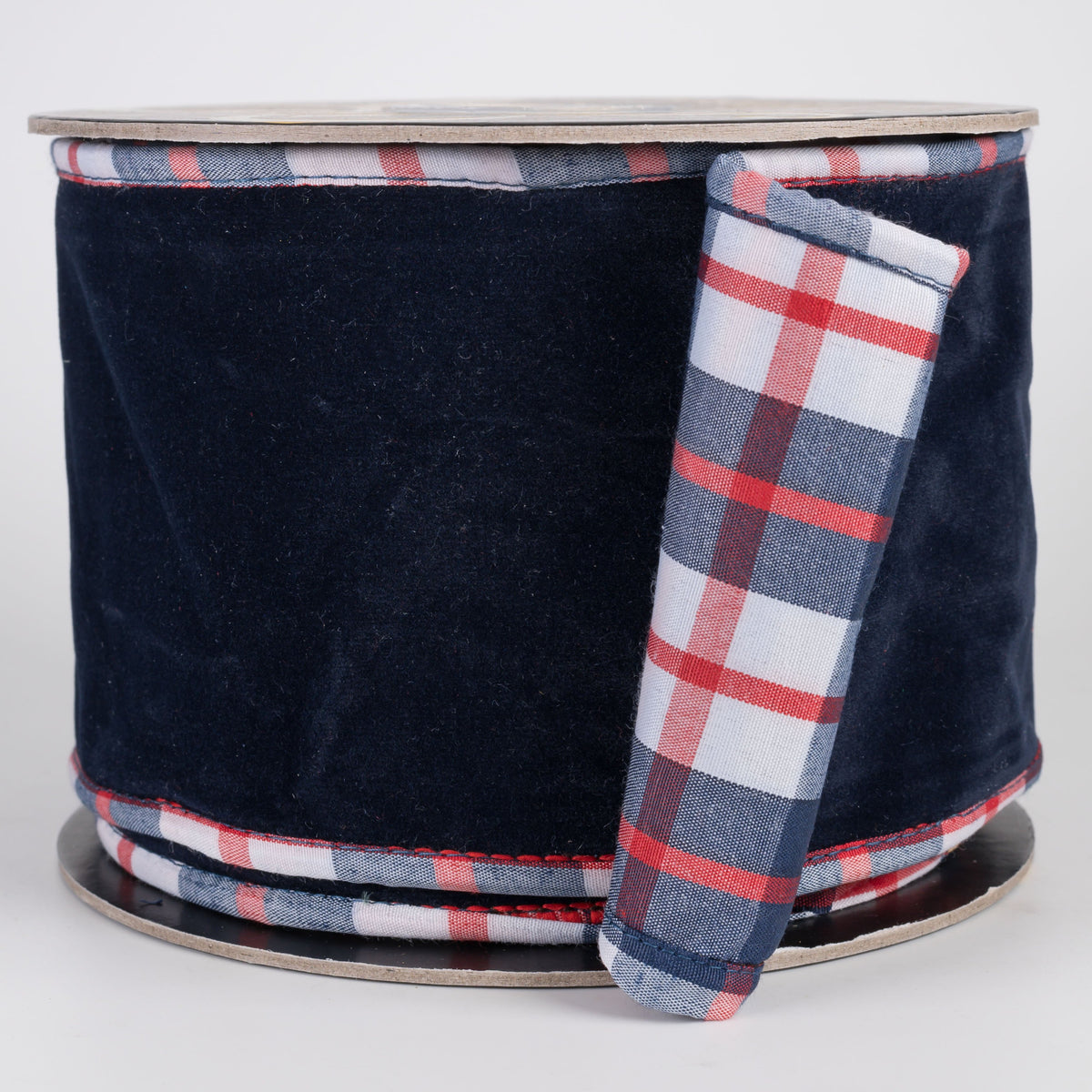 4" Velour Velvet Ribbon with Fused Dupioni Plaid Back: Navy Blue, White & Red (10 Yards) Item Number: RR0086