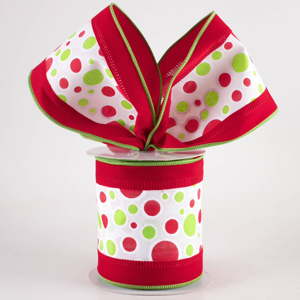 4" Velvet Edge Polka Dots Ribbon: Red, Lime & White (10 Yards) Lifestyle Photo