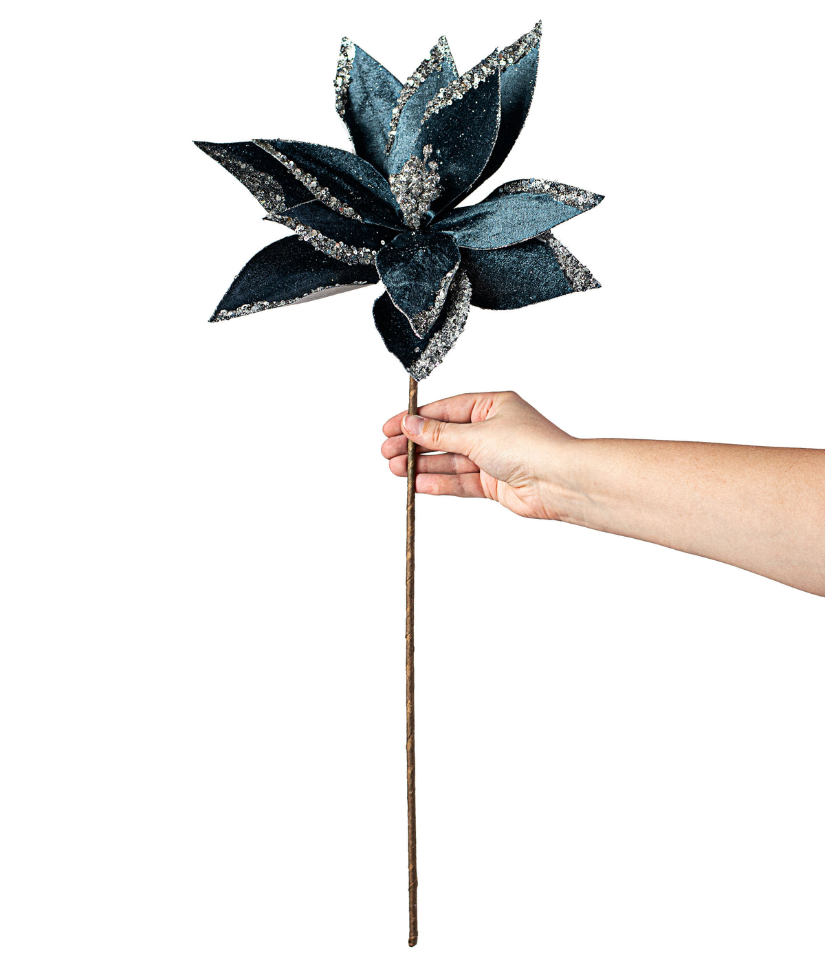 22" Velvet Glitter Poinsettia Stem: Blue detail photo 3