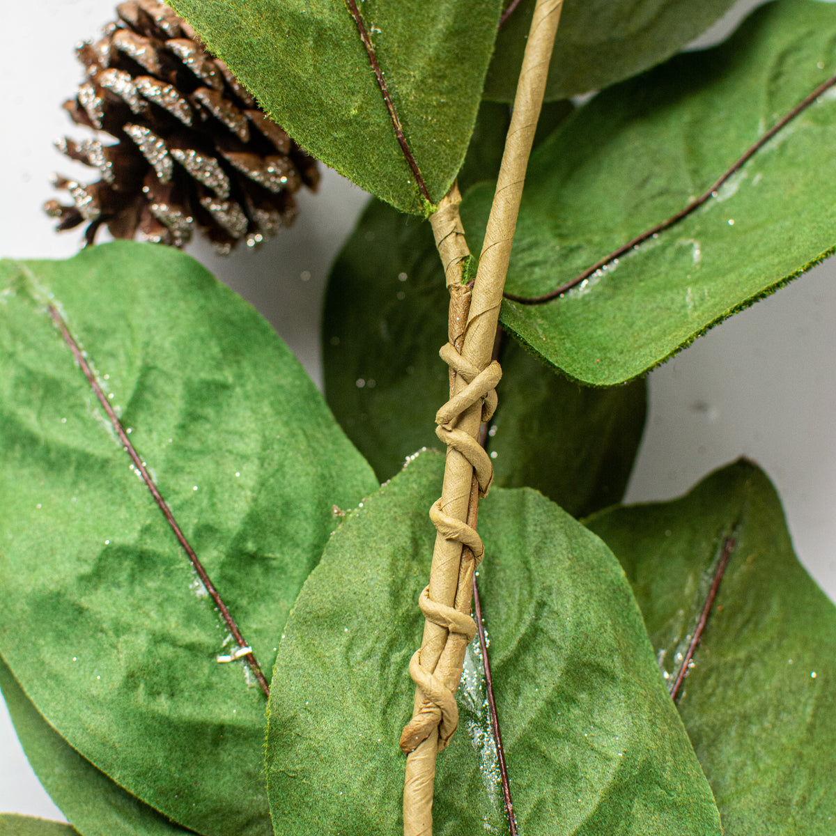 4' Velvet Magnolia Leaves & Pinecone Garland detail photo 4