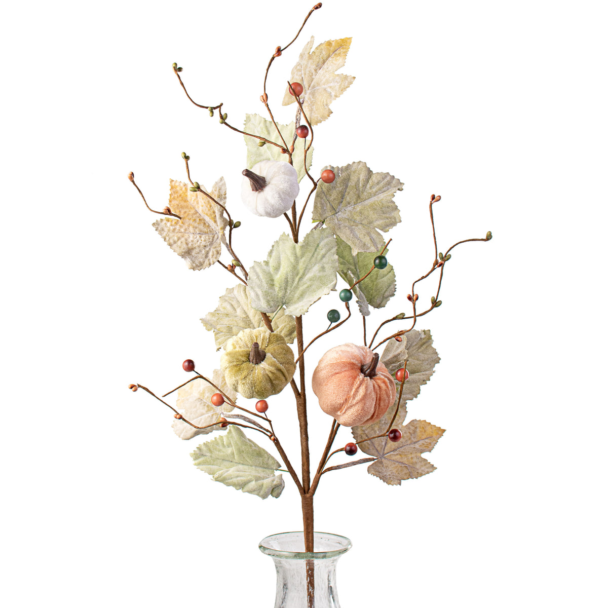 29" Velvet Pumpkin, Berry, Leaf Spray: Orange, Green, Cream Item Number: HA1422C9