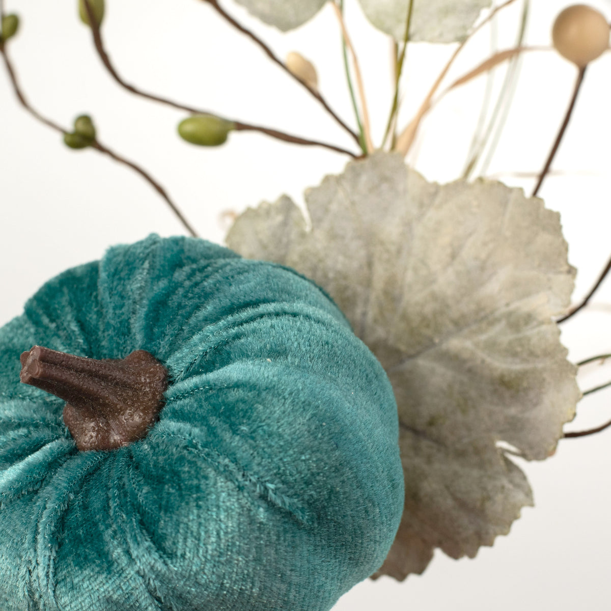 14" Velvet Pumpkin, Berry, Leaves Pick: Teal Lifestyle Photo