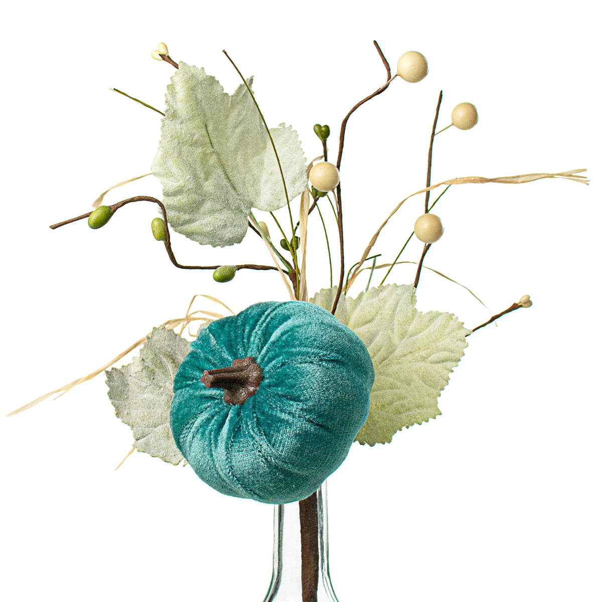 14" Velvet Pumpkin, Berry, Leaves Pick: Teal Item Number: 56496TEAL