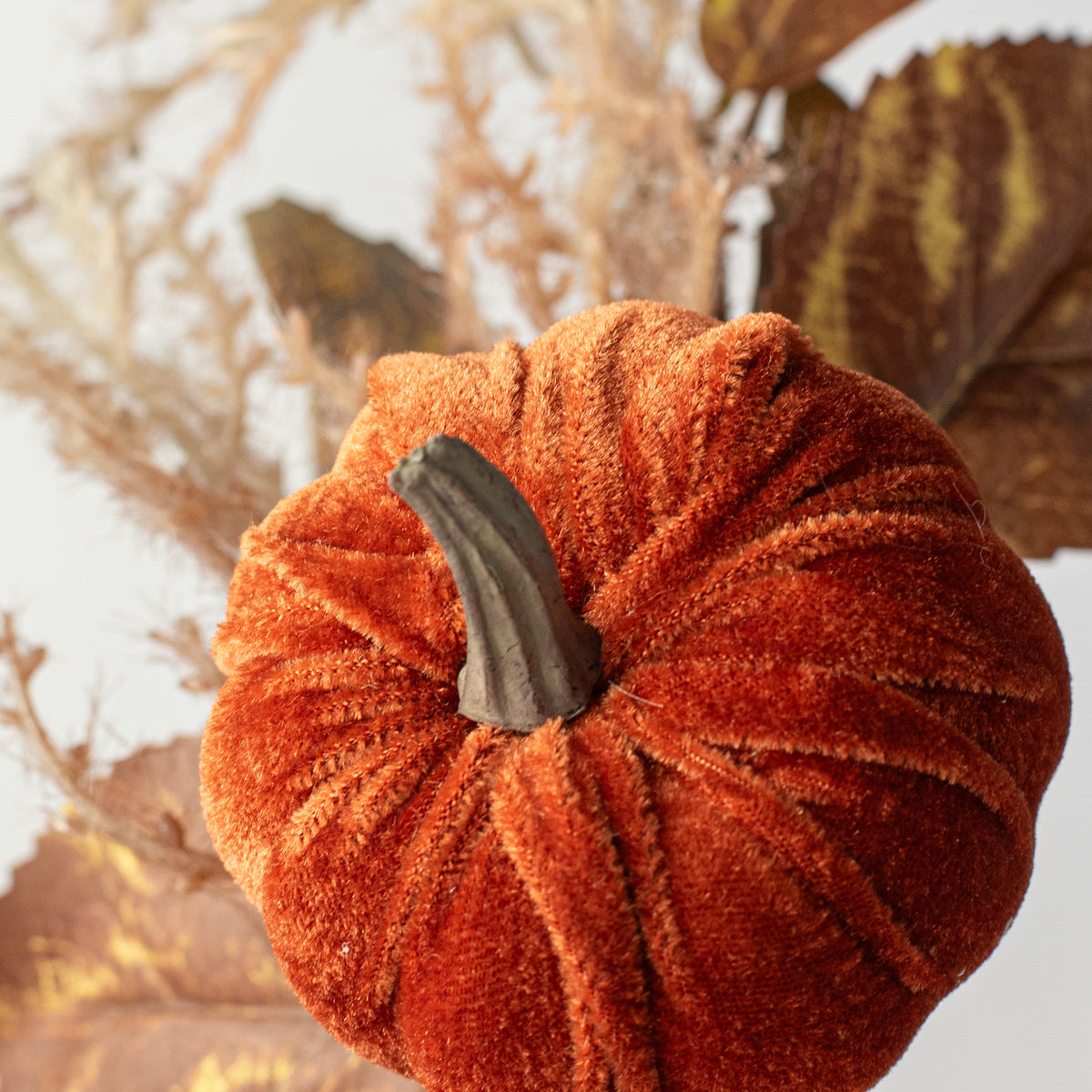 12" Velvet Pumpkin & Leaves Pick: Dark Brown Lifestyle Photo