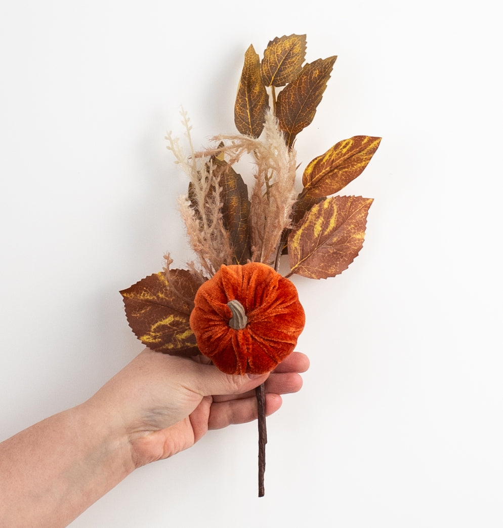 12" Velvet Pumpkin & Leaves Pick: Dark Brown detail photo 3