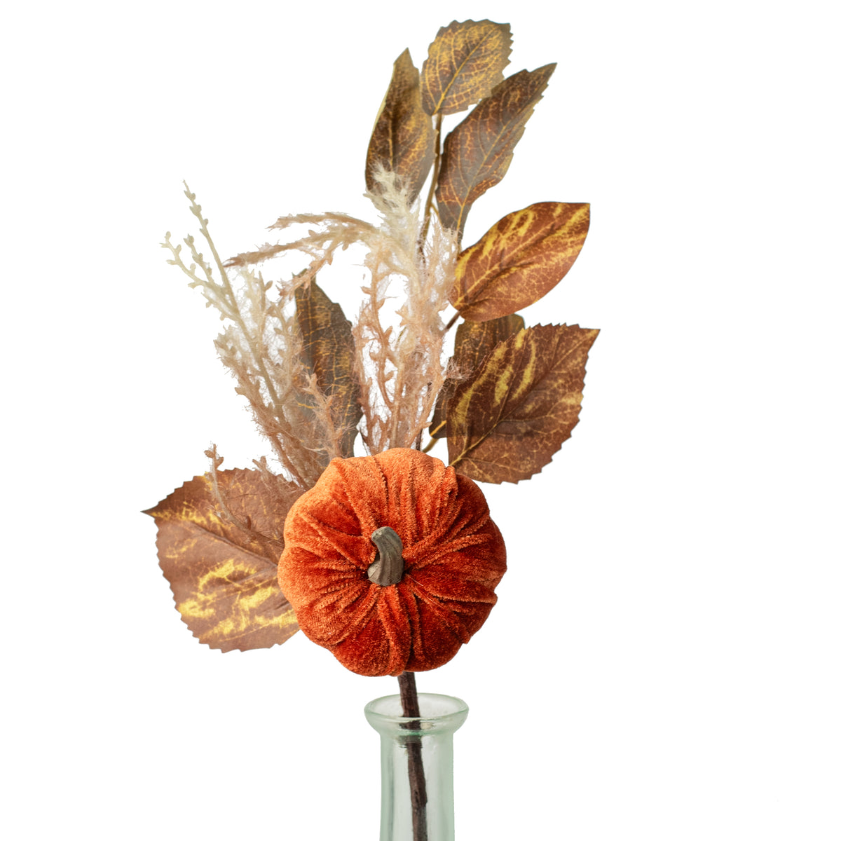 12" Velvet Pumpkin & Leaves Pick: Dark Brown Item Number: 84453-DK.BRN