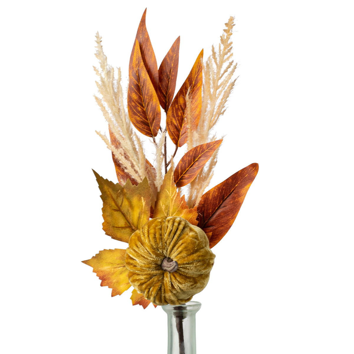 12" Velvet Pumpkin & Leaves Pick: Light Brown Item Number: 84453-LT.BRN