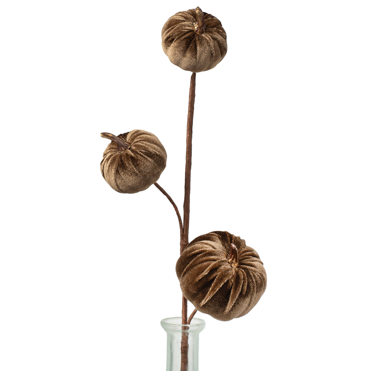 15" Velvet Pumpkins with Gold Stem Pick: Brown Item Number: 31352