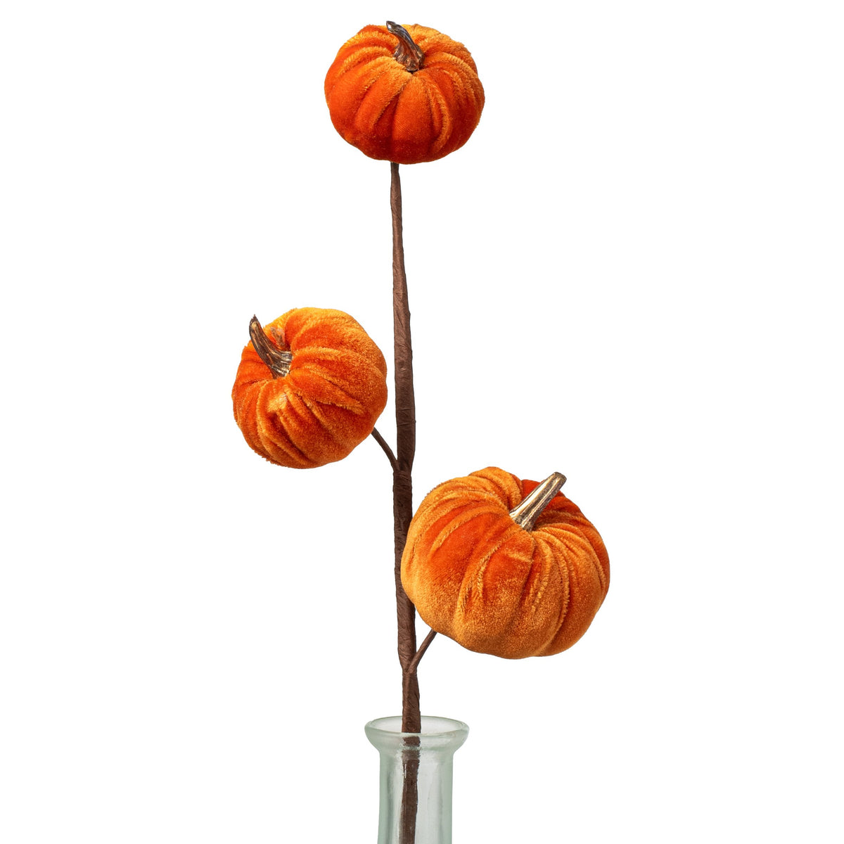 15" Velvet Pumpkins with Gold Stem Pick: Orange Item Number: 31351