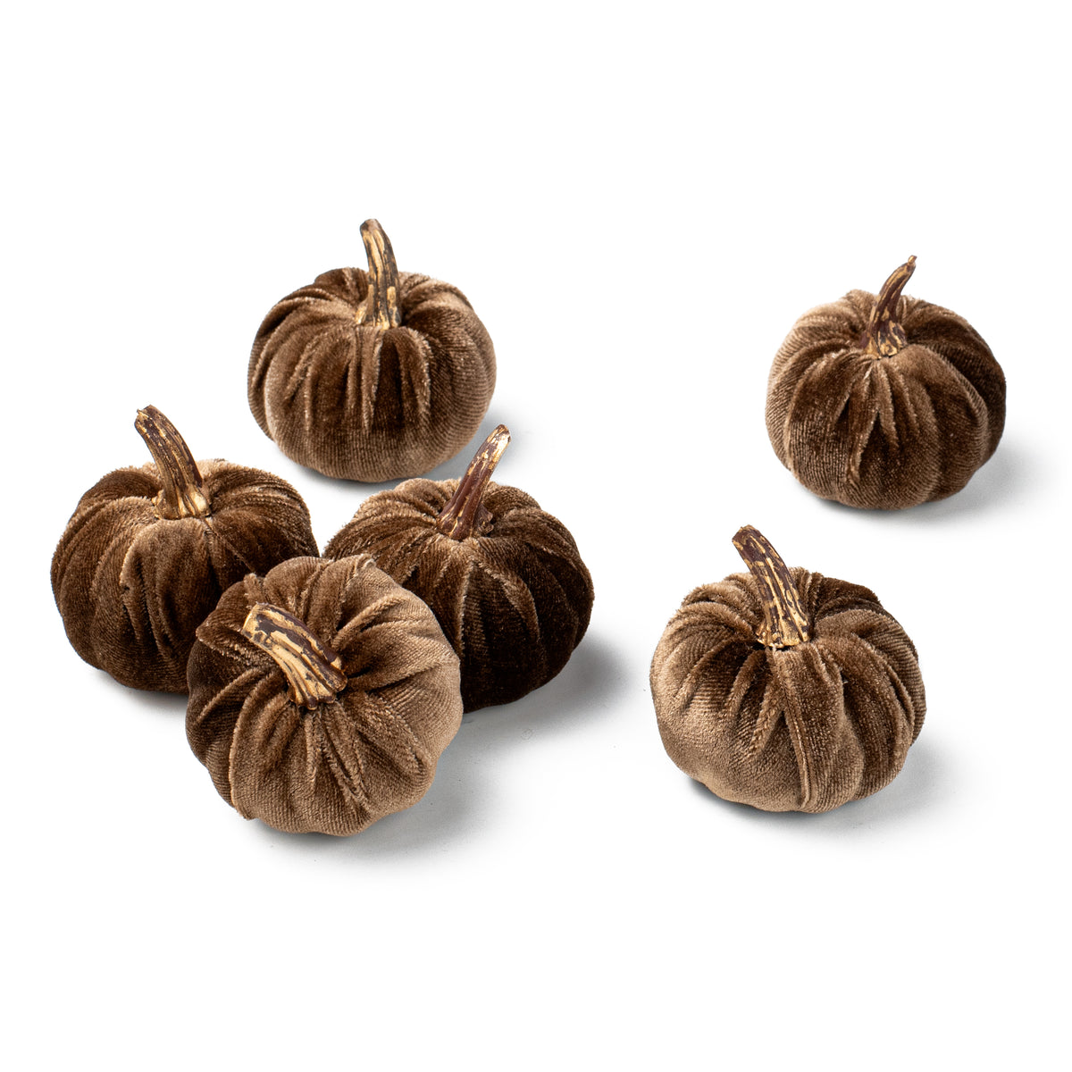 2" Velvet Pumpkins with Gold Stems: Brown (Pack of 6) Item Number: 31342