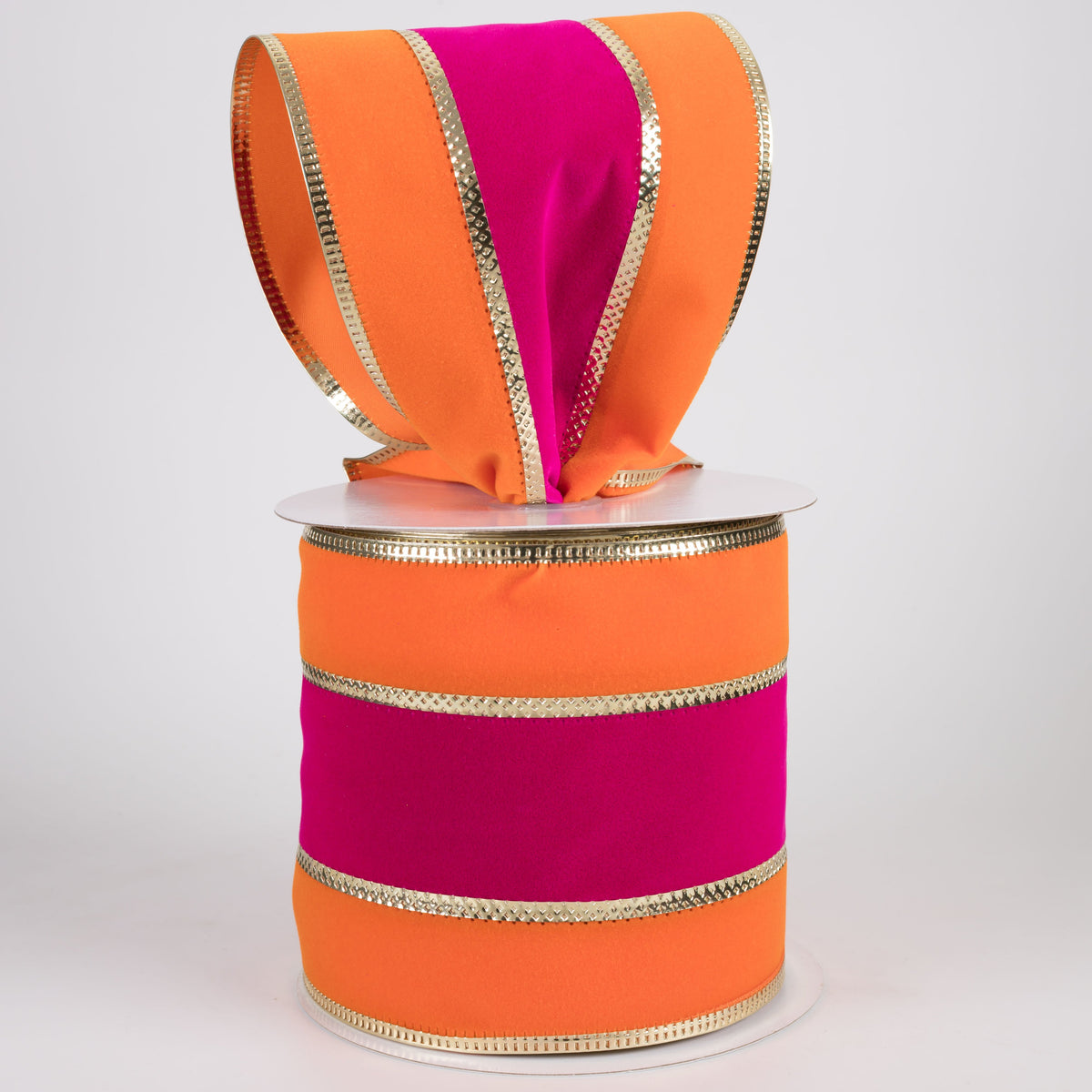 4" Velvet Stripe Metallic Edge Ribbon: Fuchsia, Orange & Gold (10 Yards) Lifestyle Photo