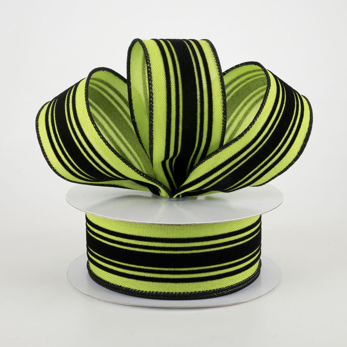 1.5" Velvet Vertical Lines Ribbon: Lime Green & Black (10 Yards) Lifestyle Photo