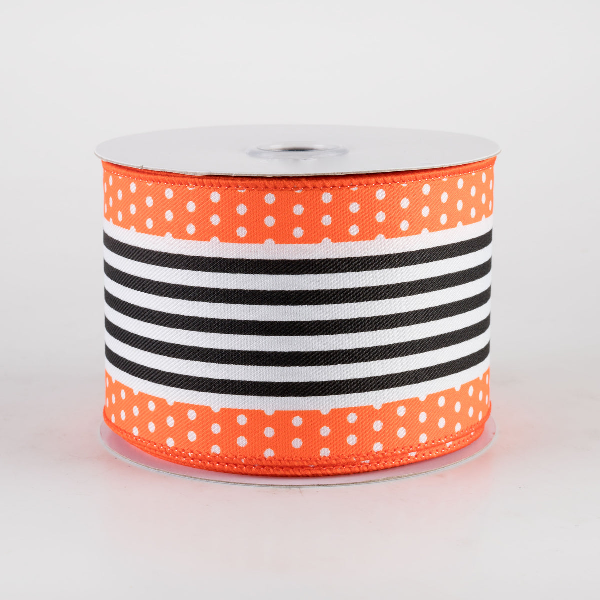 2.5" Vertical Stripe Dot Edge Ribbon: Orange, White & Black (10 Yards)