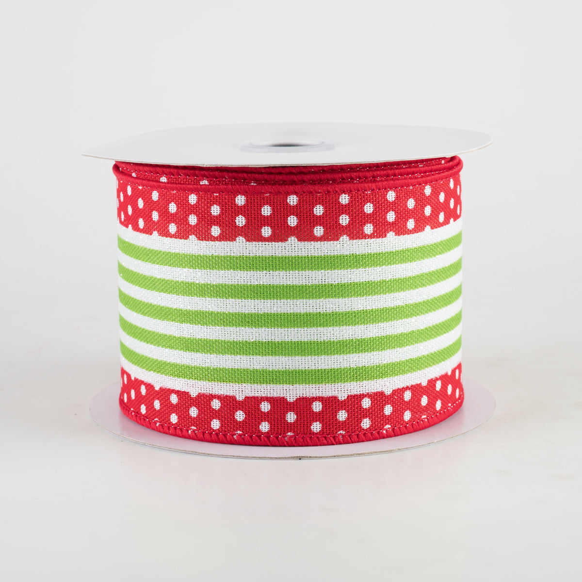 2.5" Vertical Stripe Dot Edge Ribbon: Red, White & Lime Green (10 Yards) Item Number: RGF156724