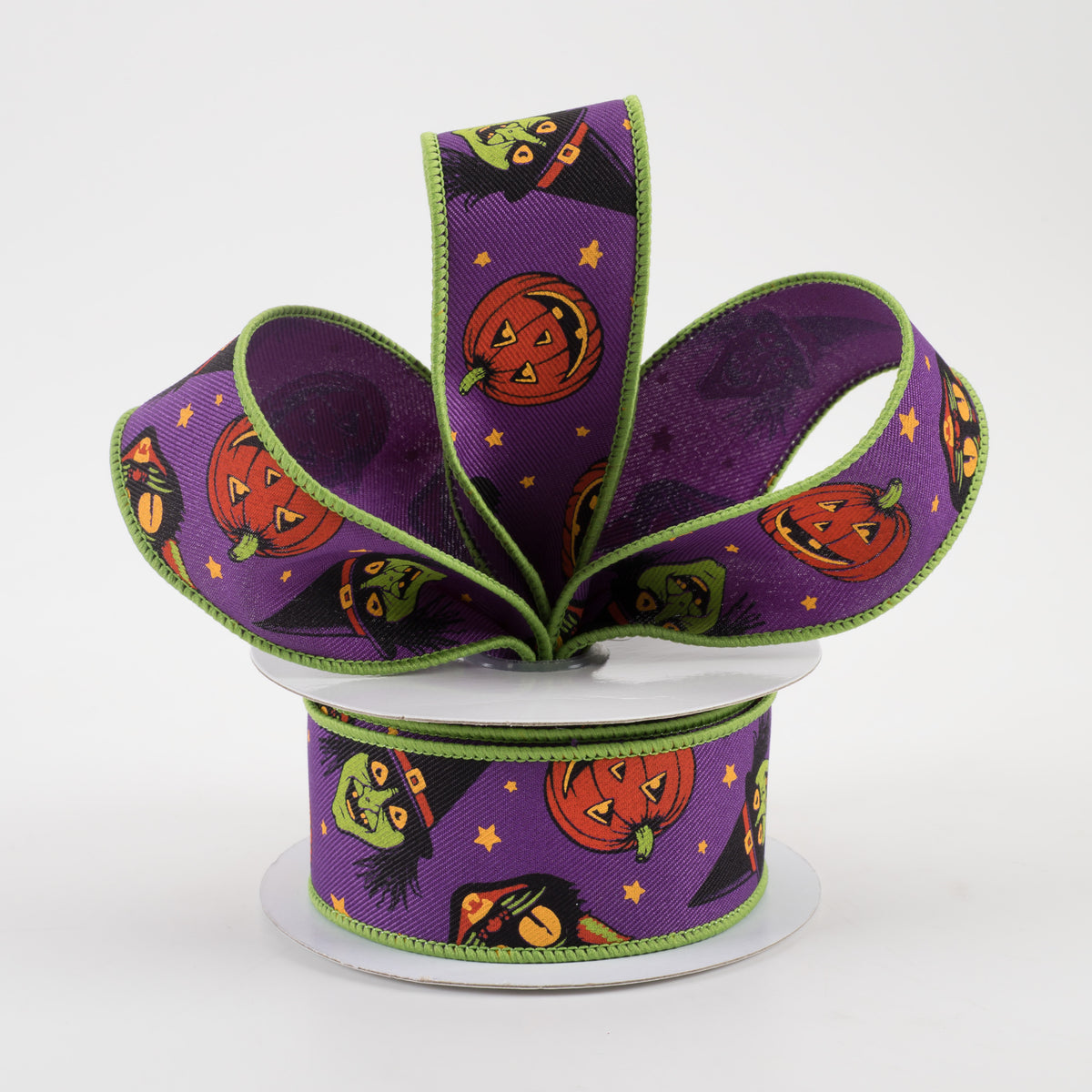 1.5" Vintage Cat, Witch, Jack-O-Lantern Ribbon: Purple (10 Yards) Lifestyle Photo