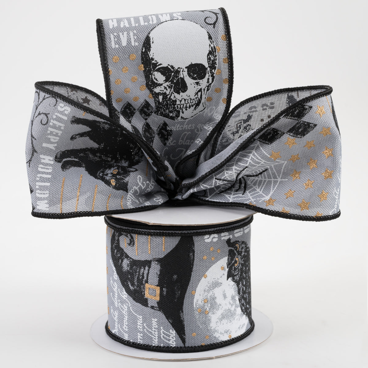 2.5" Vintage Halloween Ribbon: Grey, Black, Gold (10 Yards) Lifestyle Photo