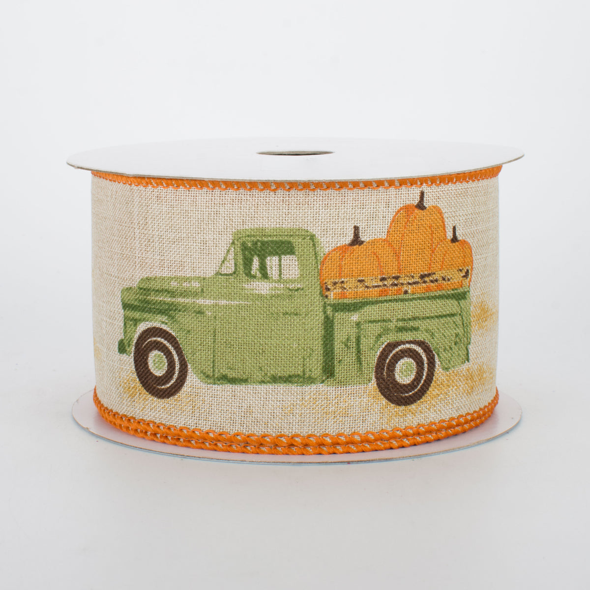 2.5" Vintage Truck With Pumpkins Ribbon: Natural & Green (10 Yards)