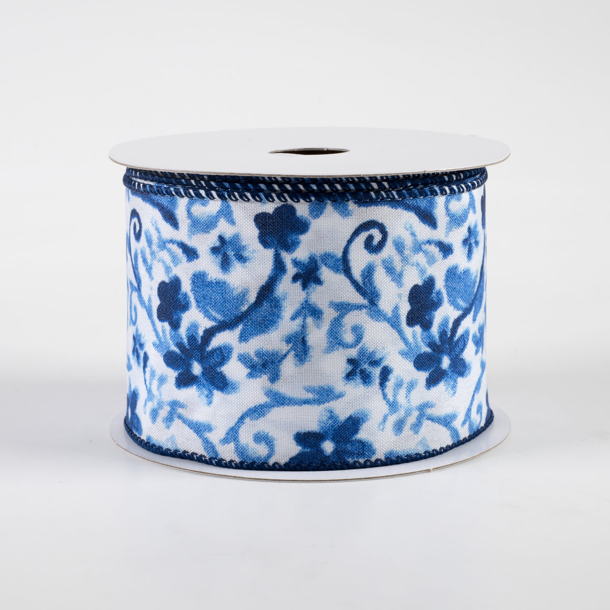 2.5" Watercolor Flower Branches Satin Ribbon: Blues (10 Yards)