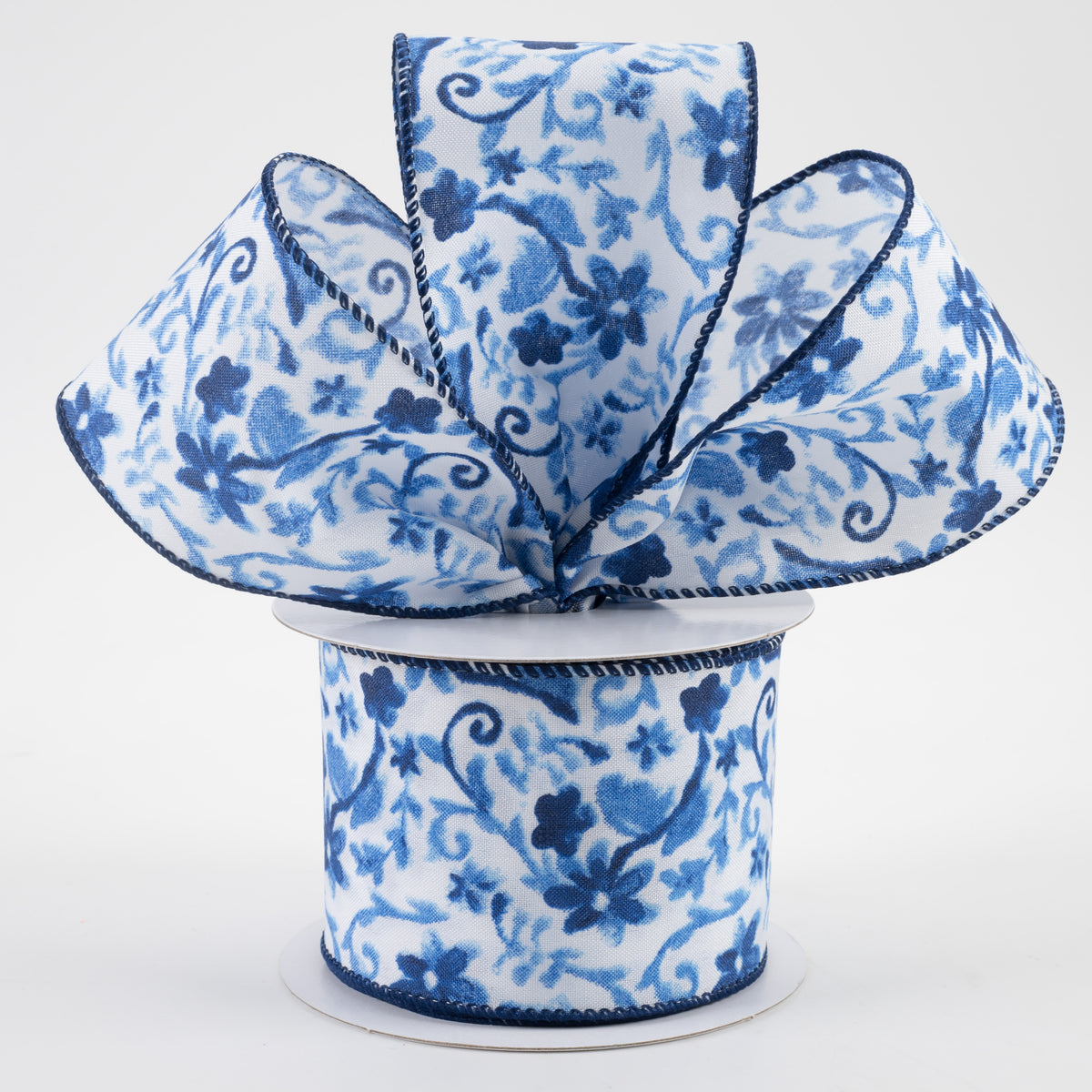 2.5" Watercolor Flower Branches Satin Ribbon: Blues (10 Yards) Lifestyle Photo