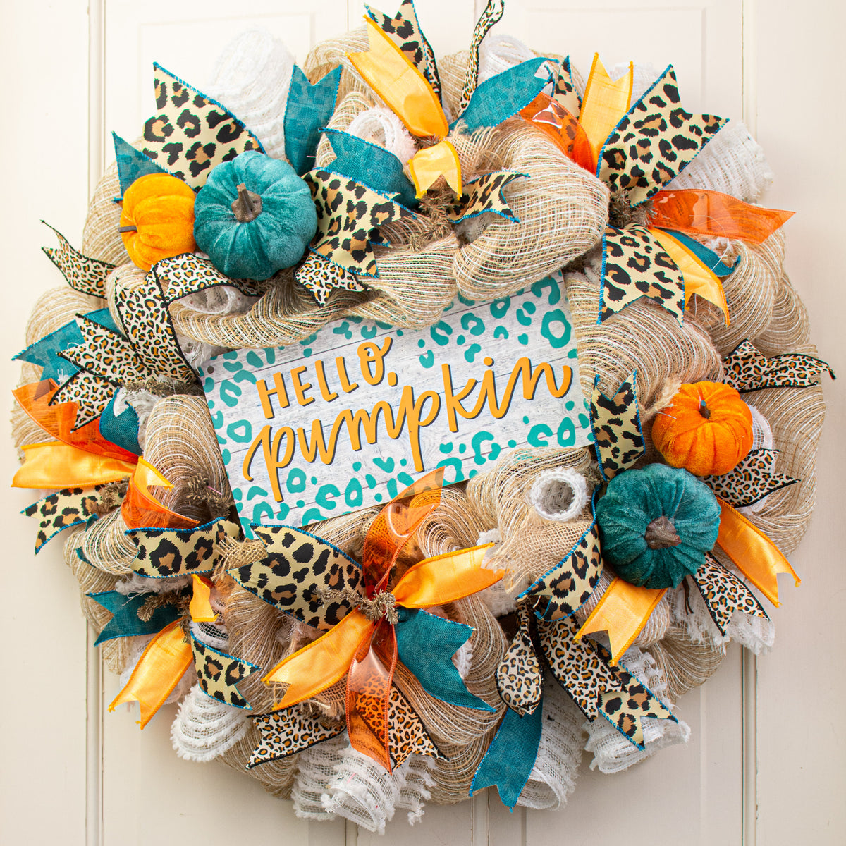 12" Waterproof Sign: Hello Pumpkin Leopard Lifestyle Photo