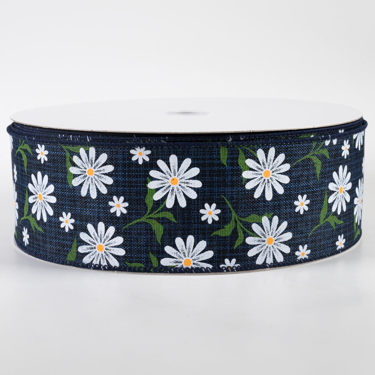 2.5" White Daisy Linen Ribbon: Navy (50 Yards) Item Number: 841-40-309