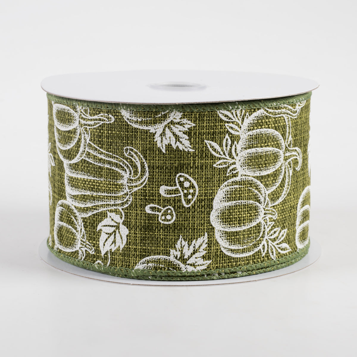 2.5" White Pumpkins & Mushrooms Ribbon: Moss Green (10 Yards)