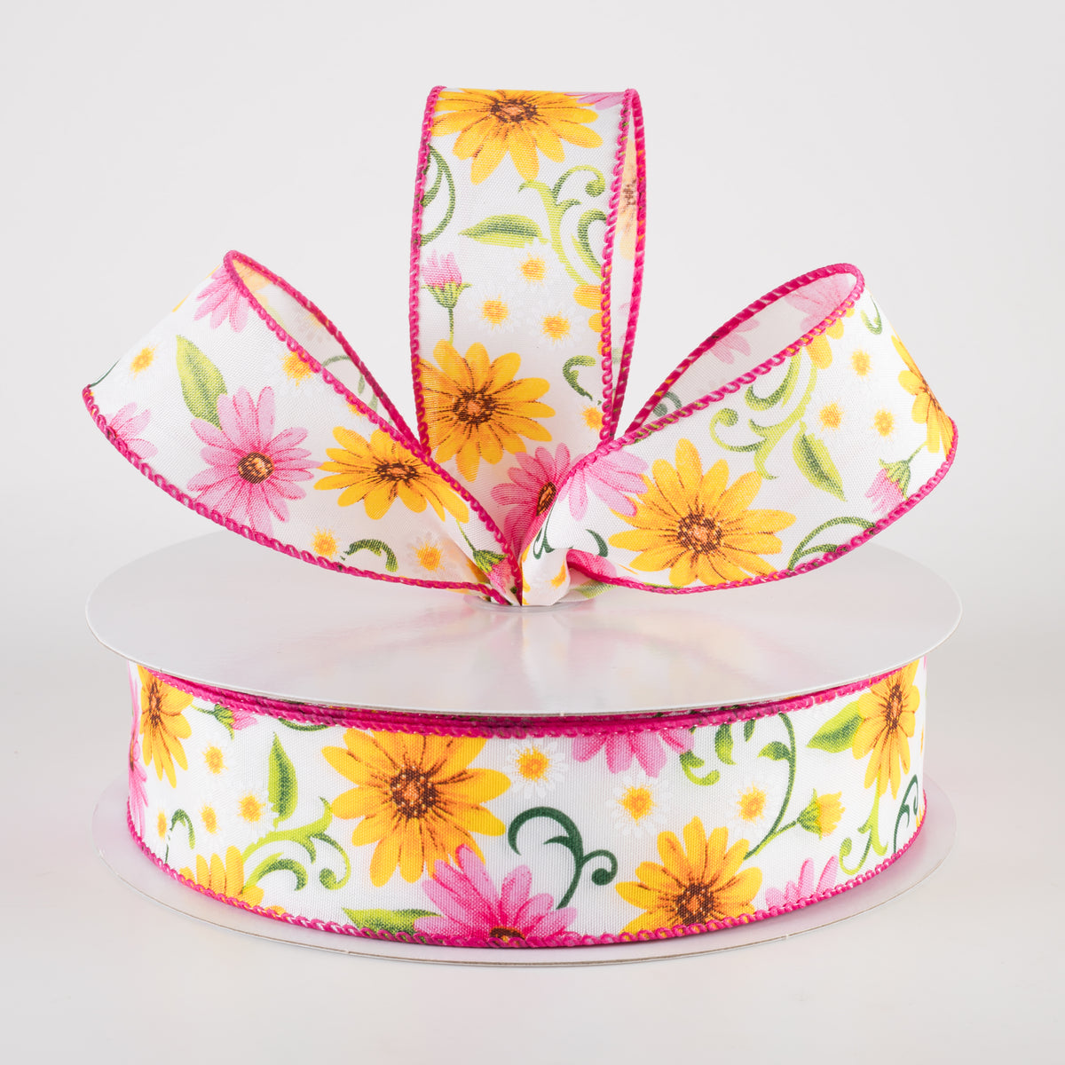 1.5" White Satin Daisies Ribbon: Pink & Yellow (50 Yards) Lifestyle Photo