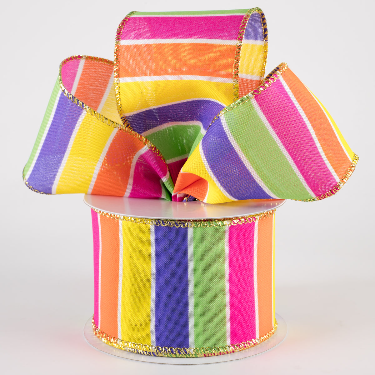 2.5" Wide Stripes Gold Edge Ribbon: Orange, Yellow, Fuchsia Pink, Lime, Purple (10 Yards) Lifestyle Photo