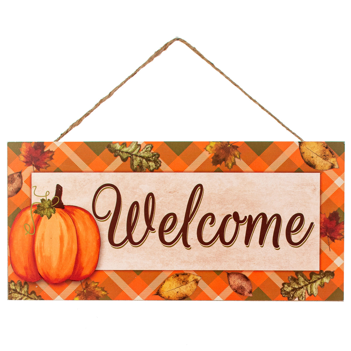 12" Wooden Sign: Welcome Fall Printed Plaid Item Number: AP8595