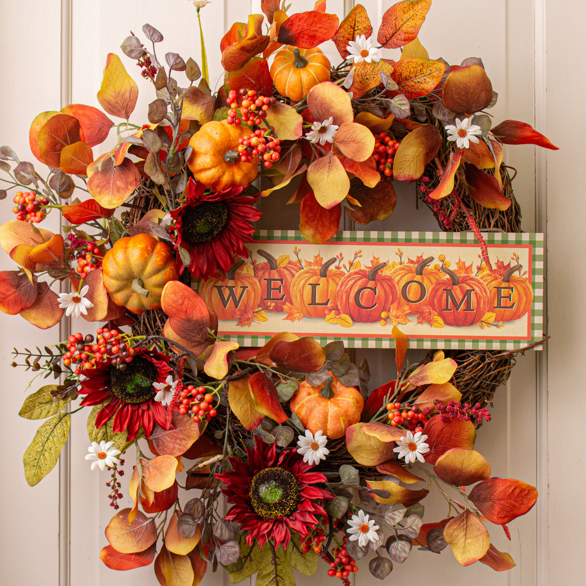 15" Wooden Sign: Welcome Pumpkins Moss Green Check Lifestyle Photo