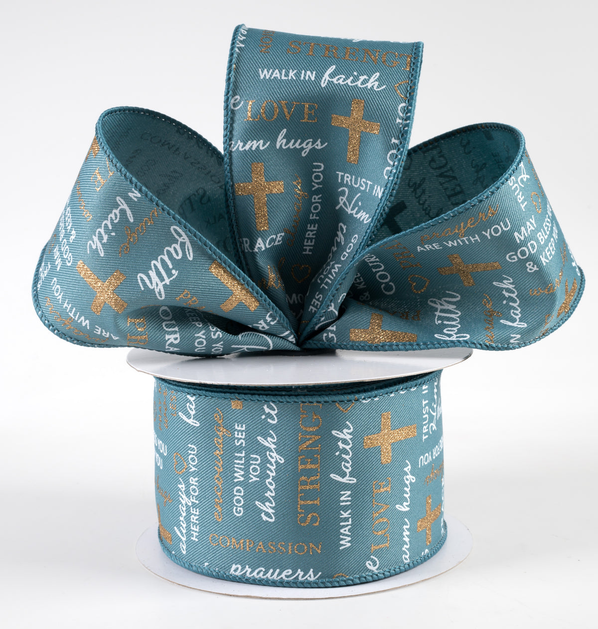 2.5" Words of Comfort Cross Ribbon: Smoke Blue (10 Yards) Lifestyle Photo