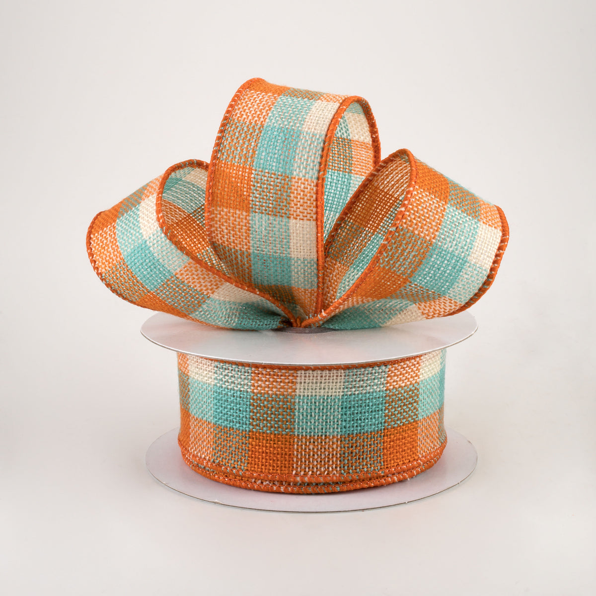 1.5" Woven Flannel Check Ribbon: Teal, Orange, Cream (10 Yards) Lifestyle Photo