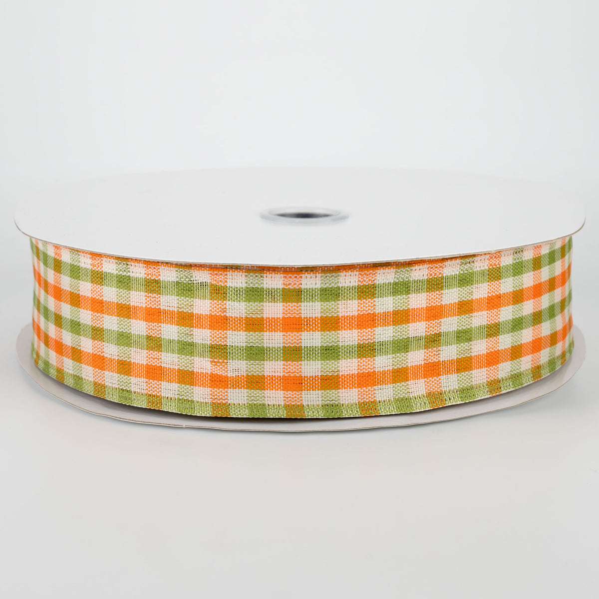 1.5" Woven Gingham Check Ribbon: Orange, Moss, Ivory (50 Yards)